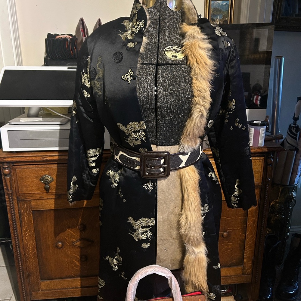 Elegant Black and Gold Asian Silk & Fur Women's Coat Bundle